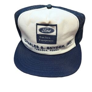 Vintage Ford Tractors Equipment Navy White Hat SnapBack Made in USA Mesh Trucker